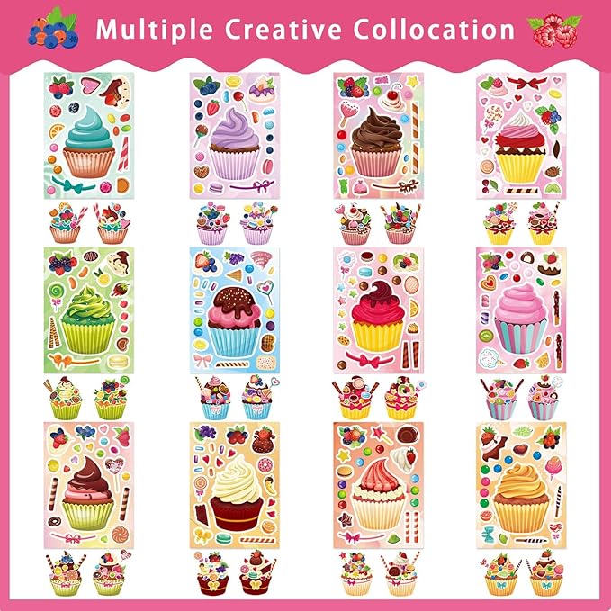 36 Sheets Cupcake Make a Face Stickers, Make Your Own Stickers Mix and Match Ice Cream and Cupcake Sticker Sheets, Cupcakes Sticker for Kids, Classroom Activities, Crafts Cupcakes Party Decorations