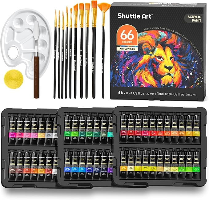 82 Pack Acrylic Paint Set, Shuttle Art 66 Colors Acrylic Paint with 10 Brushes, 22ml/0.74oz Tubes, Vibrant Colors, Artist Painting Supplies for Kids, Adults Painting & Crafting on Canvas, Wood Ceramic