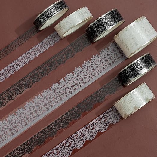 6 Rolls Lace Patterns PET Tapes Floral Arts Decorative Tape Set Adhesive Transparent Masking Tapes for DIY Craft, Kids, Scrapbook, DIY, Gift Wrapping, Journal (Black and White)