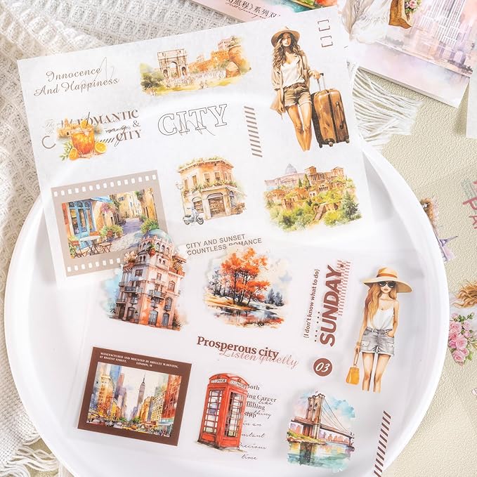 Travel-Themed Vintage Ephemera Sticker Book Set, 60 Pre-Cut PET & Washi Pages for Scrapbooking, Journaling, DIY Projects, and Art Supplies