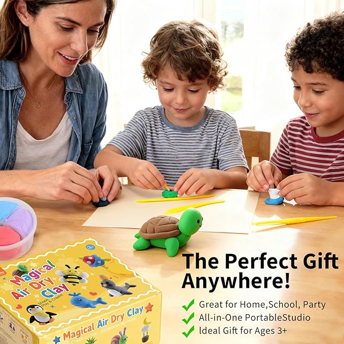 NewFamily Air Dry Clay Kit for Kids – 12 Easy Models, Soft & Non-Sticky Clay with Tools, Safe & Non-Toxic DIY Craft Set for Home, School, Parties & Gifts