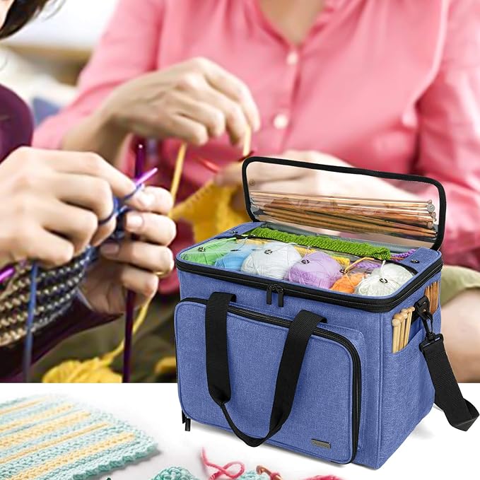 Teamoy Knitting Bag, Yarn Tote Organizer with Inner Divider (Sewn to Bottom) for Crochet Hooks, Knitting Needles(Up to 14”), Project and Supplies, Dark Blue -No Accessories Included