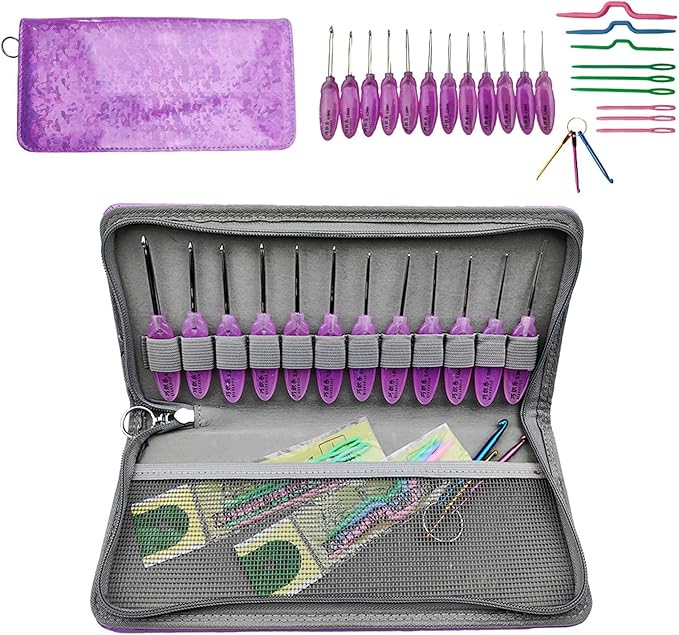 12pcs Ergonomic Resin Handle Stainless Steel Crochet Hooks 0.9mm-4.0mm Storage Bag for Crochet Needles for Big Eye Needles and Yarns
