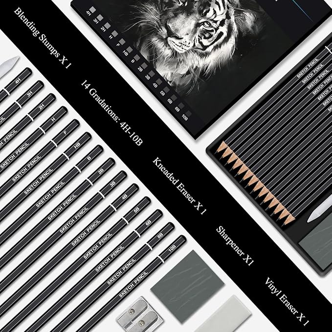 Sketch Pencils for Drawing, Drawing Pencils Set of 18, 10B–4H Graphite Pencil, Vinyl Eraser, Kneaded Eraser, Sharpener, Blending Stump,Sketch Set for Artists, Art Supplies.
