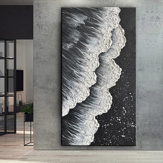 YaSheng Art - Oil Painting on Canvas Texture Black and White Ocean scenery sandbeach 3D Oil Painting Hand-Painted Abstract Artwork Paintings Modern Home Decor Living room sofa bedroom dining room hanging pictures Canvas Wall Art 24x48inch