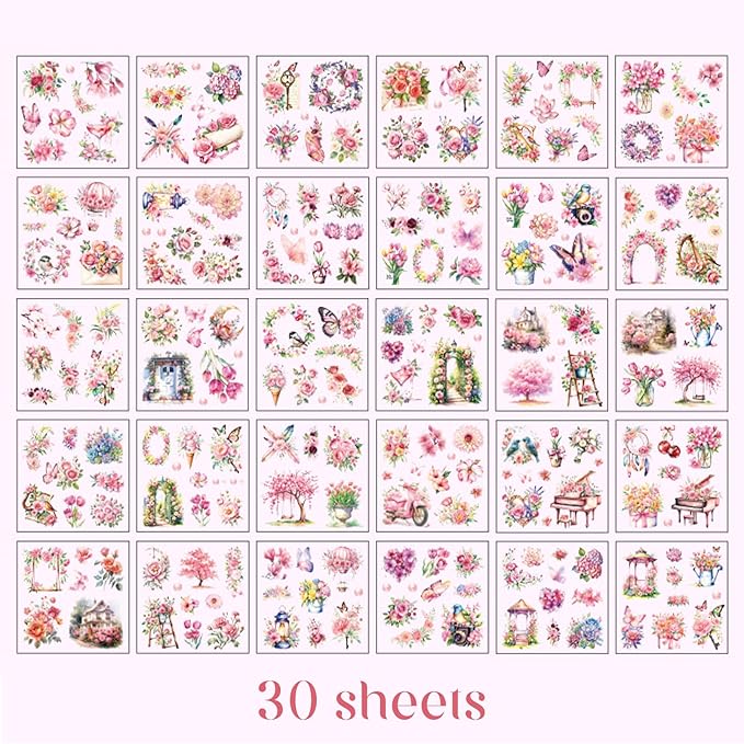 Floral Stickers Set,30 Sheets Pink Waterproof PET Clear Flower Stickers for Scrapbooking Journaling Bullet Journal Junk Journal Supplies