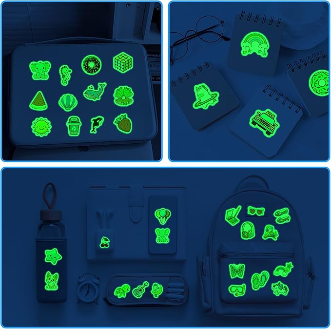 100 Pcs Glow in The Dark Cute Water Bottle Stickers for Kids, Cartoon Mixed Animals Laptop Decals, Waterproof Vinyl Skateboard Phone Case Scrapbook Stationery Box Decorative Sticker
