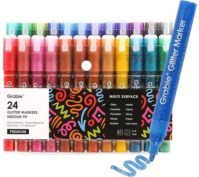 Grabie 24 Glitter Metallic Markers, Medium Tip Glitter Acrylic Paint Markers, Quick-Drying Water-based Ink Glitter Pens for Adults, DIY Crafts Making, Set of 24