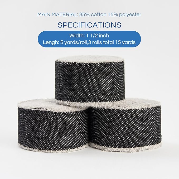 Pretty Jolly Black Denim Ribbon for Crafts Handmade Rustic Frayed Cotton Jean Fabric Ribbon for Flower Bouquet 15 Yards 1 1/2 Inch Cloth Ribbons for Gift Wrapping Hair Sewing Accessories Holiday Decor