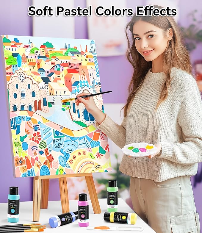 40 PCS Pastel Acrylic Paint Set with 12 Brushes, 2 Knives & Palette, 24 Colors (2oz/60ml) Art Craft Paint for Adults Kids Artists Beginners, Canvas Ceramic Rocks Wood Painting Kit Art Supplies
