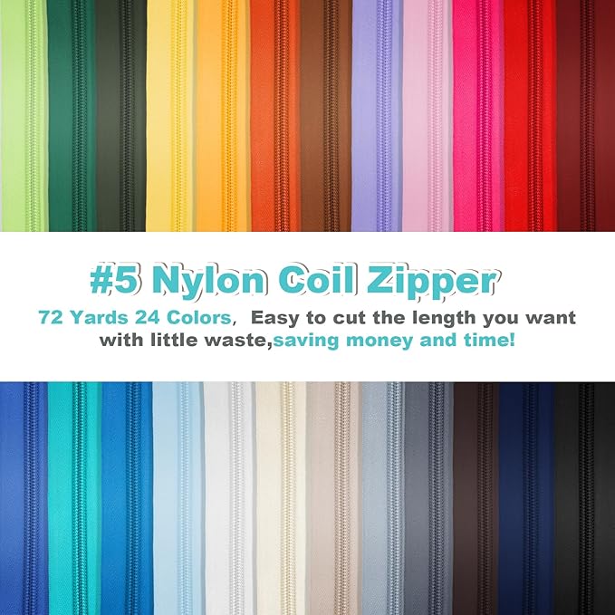 72 Yards 24 Colors #5 Nylon Zipper Rolls by The Yard with 3 Styles 260pcs Sliders,Continuous Zipper Tape for Sewing Projects,Bags,Jackets,and Crafts(24 Assorted Colors, #5)