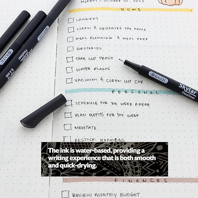 BAZIC Products Skylar Fineliner Pen, Fine Tip 0.4mm Pens, Black Ink, Writing Drawing Bullet Journaling Notes for Art Graphic Office School, 4 Count, 4-Pack