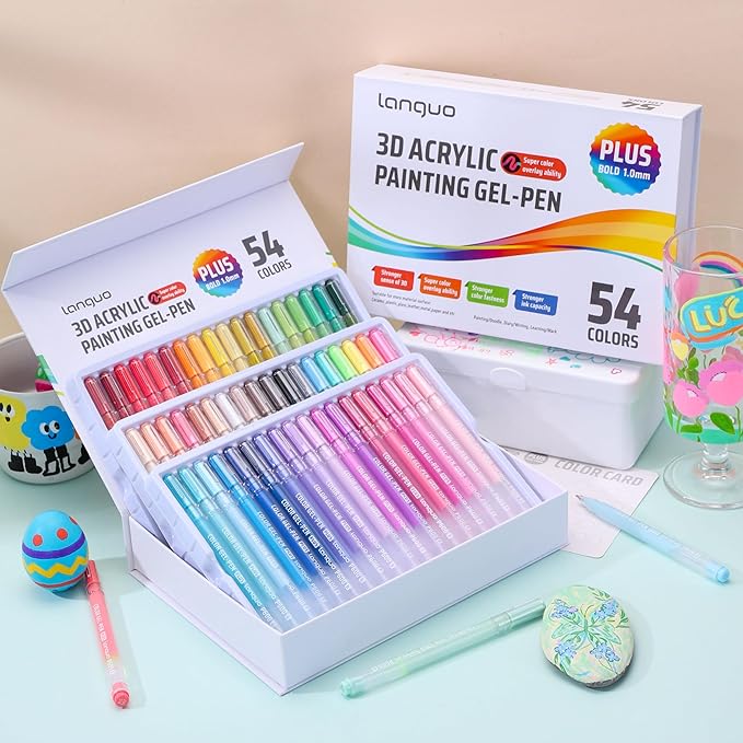 Acrylic Gel Pens for Coloring, 54 Colors Set 3D Acrylic Paint Pens with 1mm Bullet Tip for Adult Coloring, Gel Pens for Black Paper, Rock, Glass, Fabric, DIY and Art Crafts Supplies