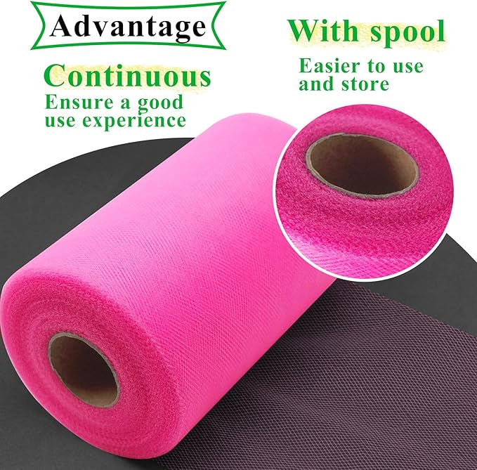 Neon Pink Tulle Fabric Rolls 6 Inch by 100 Yards (300 feet) Fabric Spool Tulle Ribbon for DIY Halloween Tutu Bow Baby Shower Birthday Party Wedding Decorations Christmas Craft Supplies