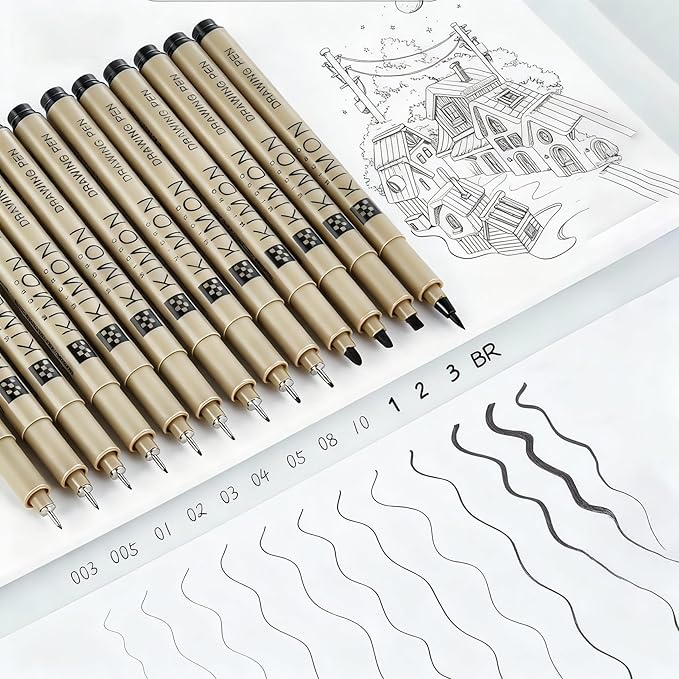 Micro Fineliner Drawing Pen,12 Black Fine Line Waterproof Ink Set 0.05mm to 3mm Ultra Fine Tips Archival Inking Markers Sketch Outline Pen, Precision Drawing Sketching Kit (Black)