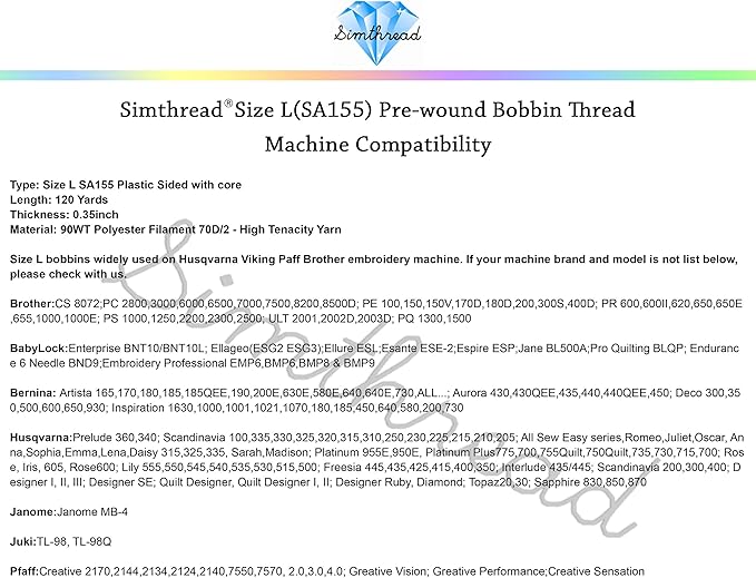 Simthread 144 Prewound Bobbin Thread Size L 90WT (SA155 60S/2) for Husqvarna Viking pfaff Creative Vision Embroidery Machines Plastic Side - Black