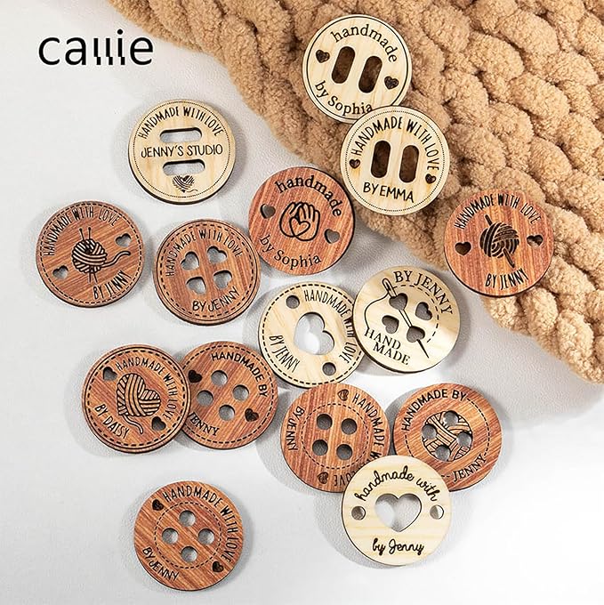 callie Personalized Wooden Button, Custom Sewing Labels for Handmade Items with Name, Gifts for Mom Grandma Knitting Crafts Crocheting Lovers, 10Pcs - 200Pcs