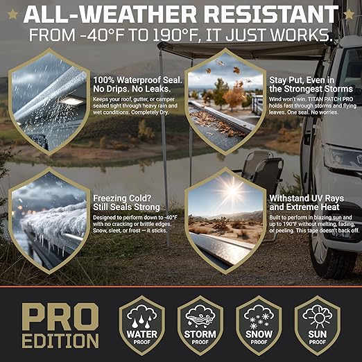 TITANPATCH PRO Waterproof Sealant Tape – White 4" x10' – Stops Leaks Fast & Stays Sealed for 15+ Years – Sticks to RVs, Roofs, Pools, Boats, Gutters – Built for Harsh Weather (-40°F to 190°F)