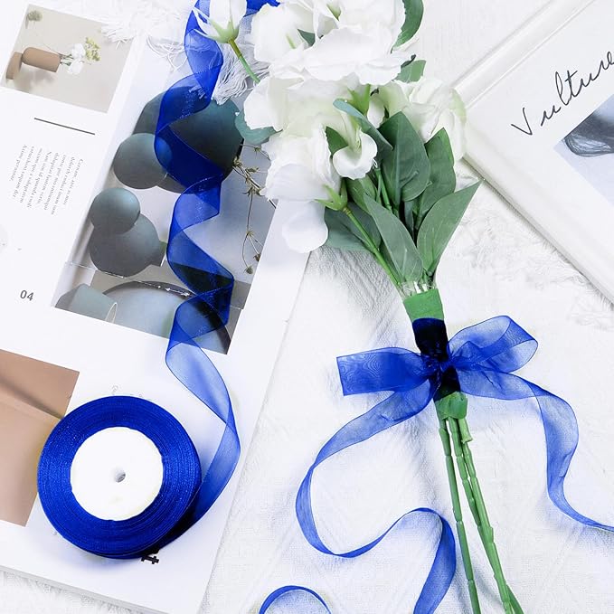 Royal Blue Ribbon for Gift Wrapping 3/8 inch Sheer Organza Ribbon for Flower Bouquet Tulle Chiffon Ribbons for Wedding Invitations Christmas Halloween Decorations Crafts 50 Yards