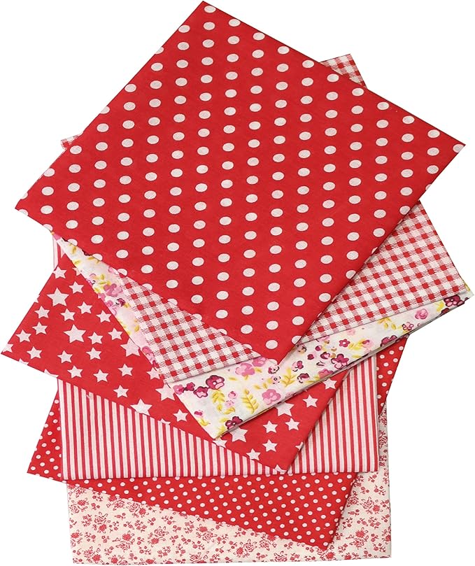 7PCS/lot Red Series Floral Cotton Fabric Quilting Patchwork Fabric Fat Quarter Bundles Fabric for Scrapbooking Cloth Sewing DIY Crafts Handmade Bags Pillows 19.7X19.7inches