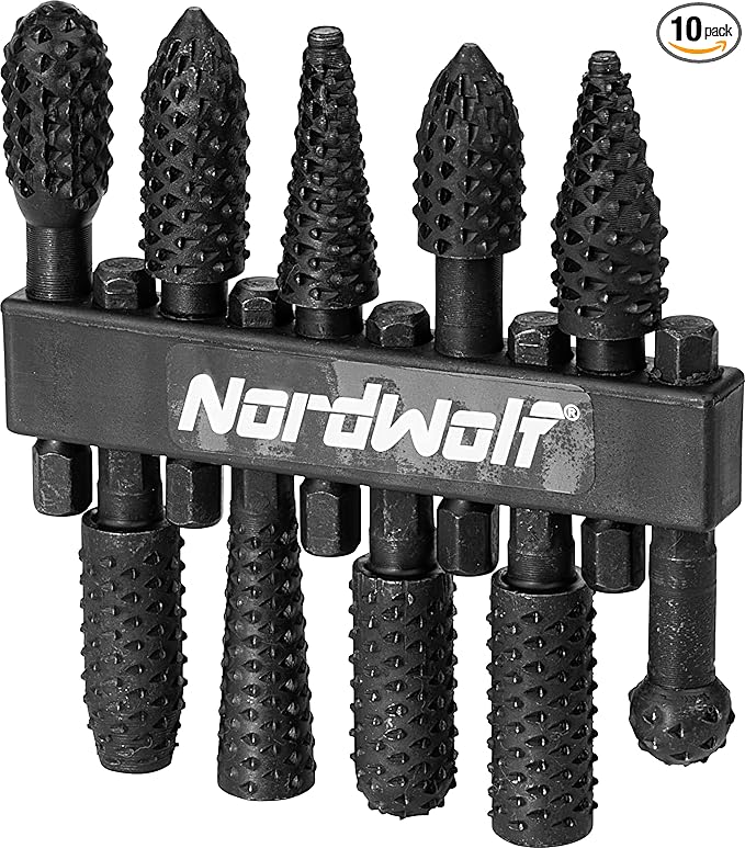 NordWolf 10-Piece Rotary Burr Wood Carving Rasp Files Set, with 1/4" Hex Shank for Wood & Rubber Deburring, Shaping and Grooving