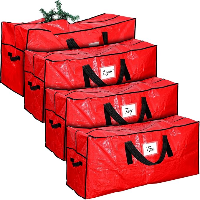 Amylove 4 Pcs Large Christmas Tree Storage Bags Heavy Duty Xmas Zippered Bags Bulk Waterproof Plastic Christmas Tree Container with Carry Handles(7.5 ft,Red)