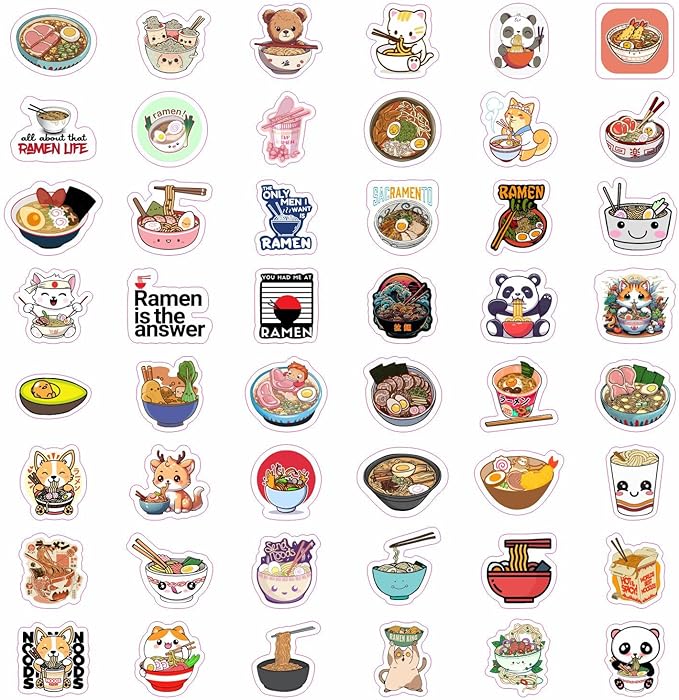 BulbaCraft Ramen Stickers for Water Bottle and Laptop - Foodie Party Supplies & Decorations, Waterproof Vinyl Noodle Decals, Cute Ramen Stickers Laptop Decals, Gifts for Women & Men