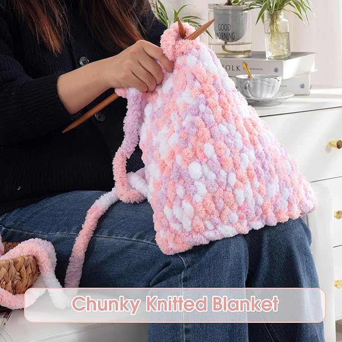 HOMBYS 12 Pack Giant Chunky Yarn for Crocheting & Knitting, Super Bulky Soft Fluffy Tie Dye Plush Fuzzy Mixed Color Thick Chenille Yarn (Pink, Purple)