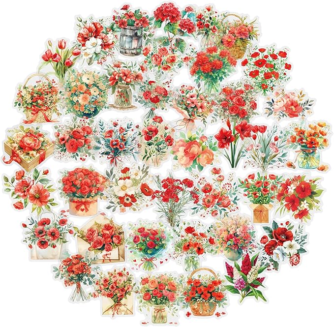 50pcs Red Flower Stickers for Scrapbooking - Waterproof Clear Floral Botanical Sticker for Journaling, Crafts, Art Projects, Glass Potion Bottles