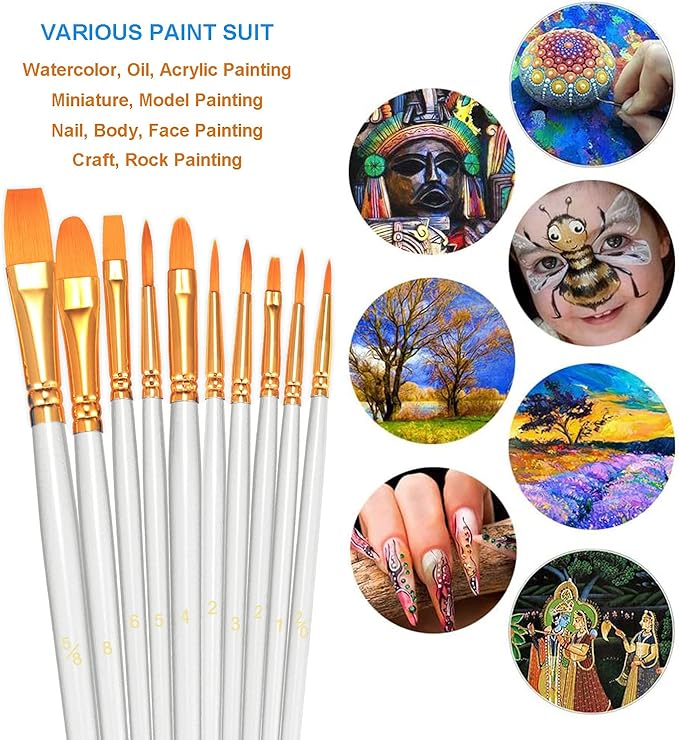 BOSOBO Paint Brushes Set, 2 Pack 20 Pcs Round Pointed Tip Paintbrushes Nylon Hair Artist Acrylic Paint Brushes for Acrylic Oil Watercolor, Face Nail Art, Miniature Detailing & Rock Painting, White