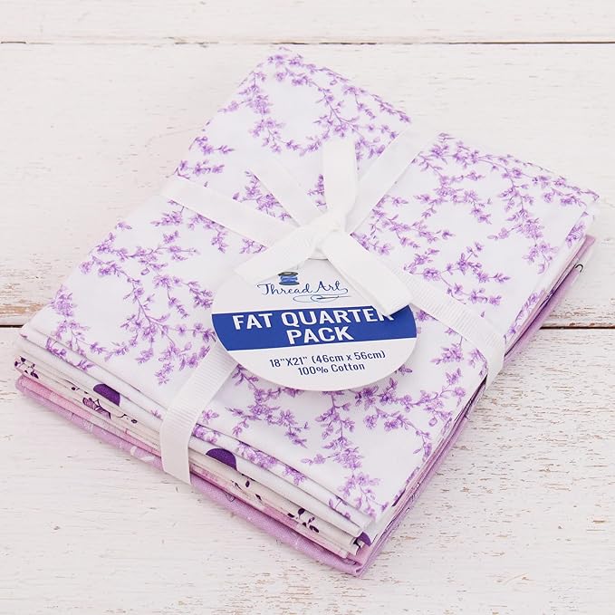 Threadart Exclusive 5 Fat Quarter Bundles - White and Purple Vintage Prints 100% Cotton Fabric - Premium 100% Cotton Quilting Fabric - No Duplicates - Full Size Fat Quarters 18"x21" - White and Purple