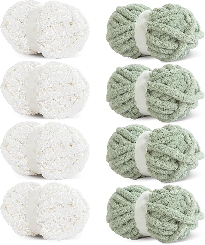 HOMBYS 8 Pack Assorted Chunky Yarn for Crocheting,Super Bulky Large Soft Fluffy Yarn,Plush Fuzzy Yarn,Thick Chenille Yarn for Hand Knitting/Arm Knitting,4 White & 4 Sage Green(27yds,8 oz Each Skein)