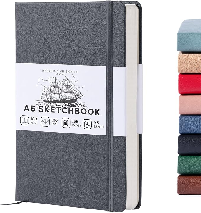 Beechmore Books A5 Sketchbook – 5.8x8.3 Premium Vegan Leather Bound Large Sketch Book Hardcover with 156 Thick 160gsm Perforated Ivory Pages, Blank Sketch Pad, Gift Boxed Back Pocket, Ribbon Bookmark