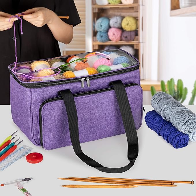 Yarwo Knitting Yarn Bag, Crochet Tote with Pocket for WIP projects, Knitting Needles(Up to 14”) and Skeins of Yarn, Christmas & New Beginnings Gifts for Women, Purple (Bag Only)