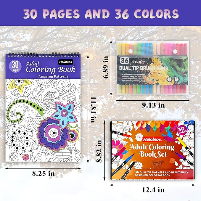 Adult Coloring Book Set with 36 Dual-Tip Markers, 30 Patterns Spiral Bound Coloring Book for Adults Relaxation, Crafts for Adults Women, Anxiety Relief Mindfulness Relaxation Gifts for Adult