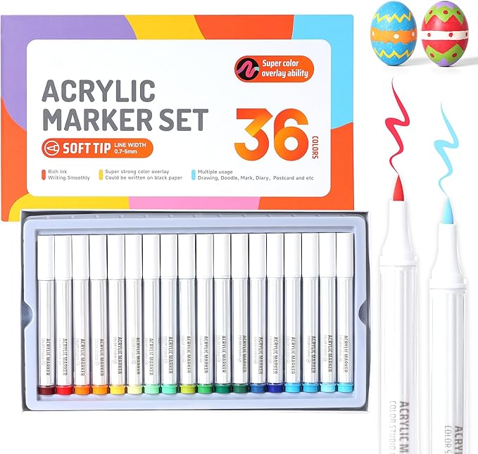 36 Colors Acrylic Paint Markers, Water Based Acrylic Paint Pens Set with Brush Tip for Wood, Glass, Paper, Stone, Egg, Rock Painting and DIY Crafts