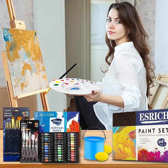 ESRICH Acrylic Paint Set, 64PCS Painting Supplies with Wooden Easel, Brushes, 36 Colors Acrylic Paint, Canvases, Palette, Paints Knives Etc, Painting Kit for Adults, Students, Hobbyists, Beginners