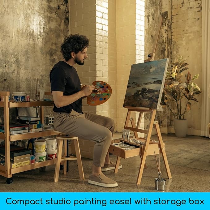 MEEDEN Painting Easel with Storage Drawer, Studio H-Frame Easel- Adjustable (60"~75") Solid Beech Wood Easel Stand for Painting for Adults, Holds Canvas Art up to 35",Natural