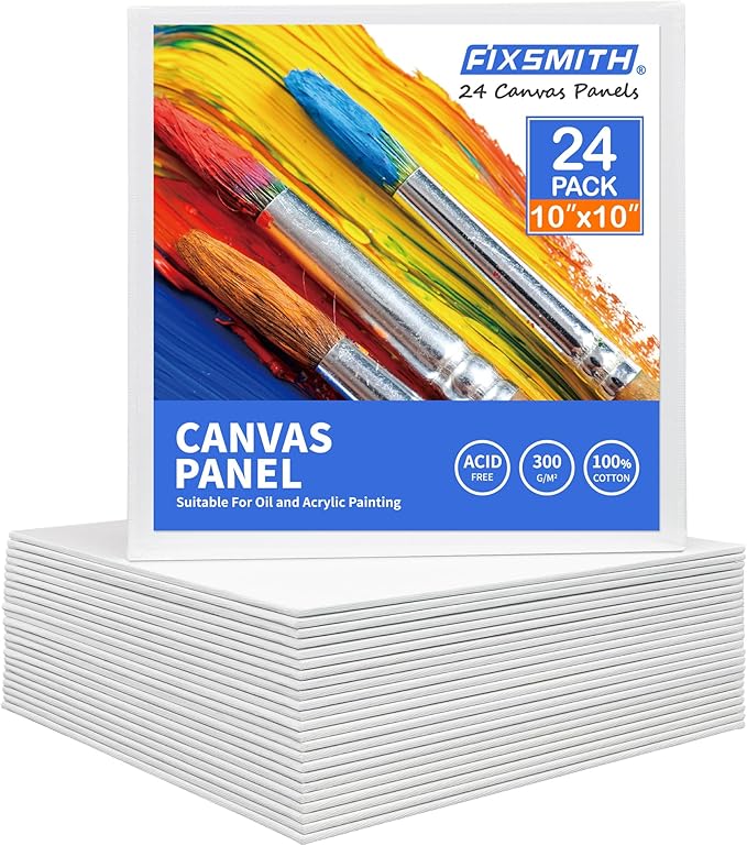 FIXSMITH Canvas Boards for Painting 10x10 Inch, Super Value 24 Pack Paint Canvases, White Blank Canvas Panels, 100% Cotton Primed Canvas for Painting, Painting Art Supplies