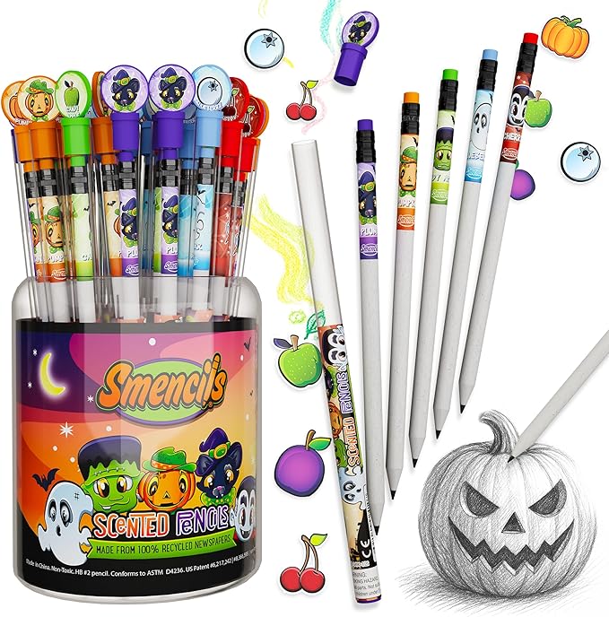 Halloween Smencils Cylinder - HB #2 Scented Smelly Pencils, 50 Count - Gifts for Kids, Party Favors, Classroom Rewards