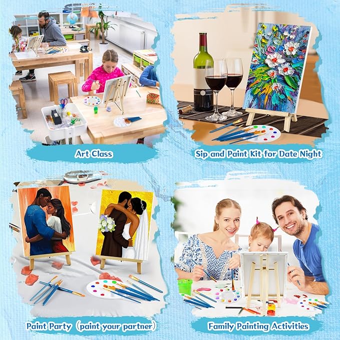 78 Pcs Painting Supplies-6*(16" Easels+11"x14"Stretched Canvases)+60 Brushes+6 Palettes,Paint Set for Paint Parties,Sip and Paint,Couples Painting Kits for Adults, Kids,Students,Artists,Beginner