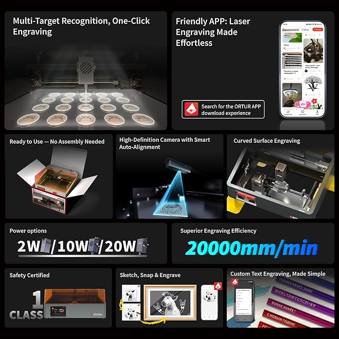 Ortur R2 10W Laser Engraver Enclosed Laser Cutter and Engraver Machine Smart Camera Positioning Batch Engraving Wood & Metal