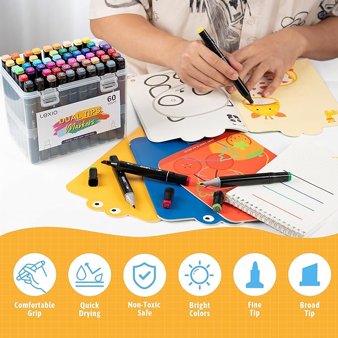 Lexio Alcohol Markers, 60 Colors Dual Tip Art Marker With Organizing Case, Fine & Broad Tip Permanent Art Markers for Adults, Drawing, Sketching and Coloring