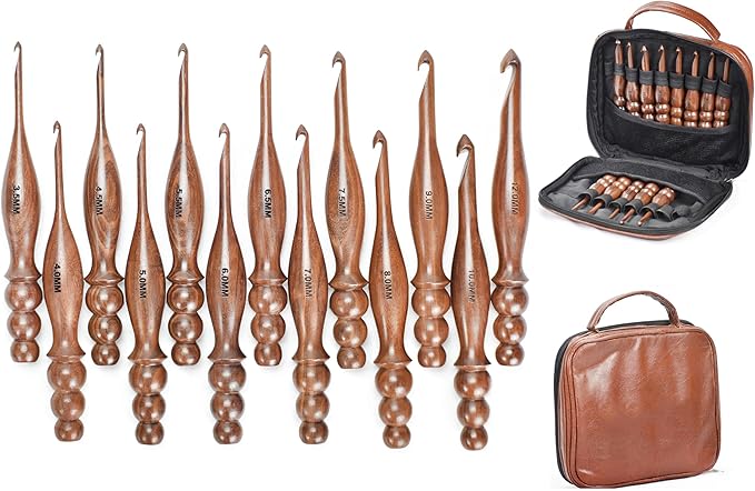 Wooden Crochet Hooks Set of 13 for Arthritic Hands | Ergonomic Soft Grip Handcrafted Knitting Needle for Crocheting and Knitting (Brown (Crochet - 3))