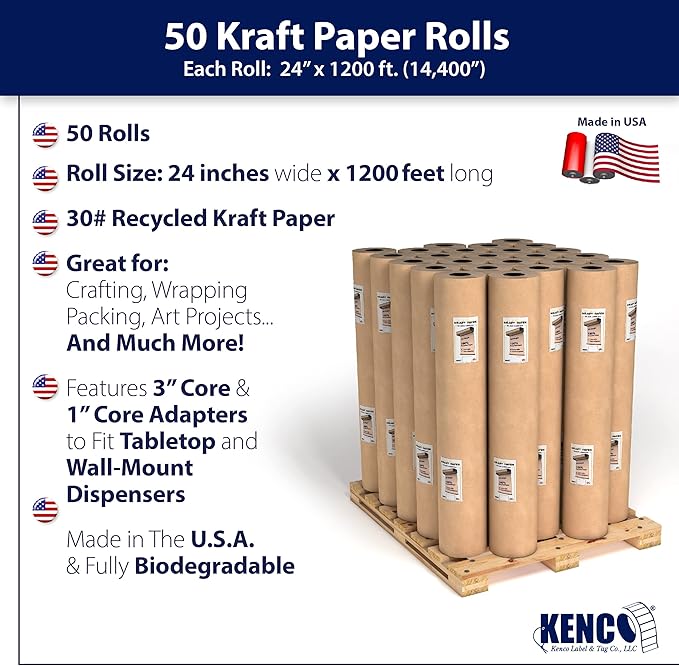 Brown Kraft Paper Roll - 24 Inch X 1200 Feet - for Gift Wrapping, Crafts, Packing, Void Filling - Made in The USA (Kraft Full Pallet 50 Rolls)