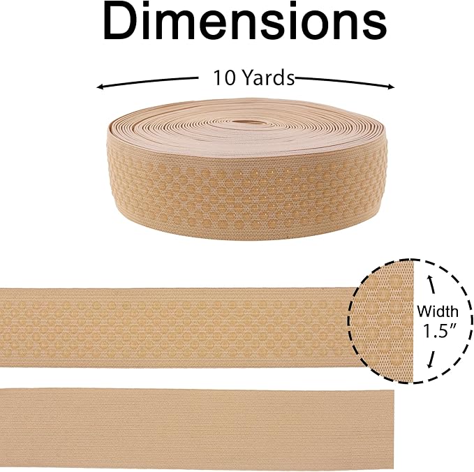 Mandala Crafts 1.5 Inch Elastic Silicone Gripper Tape for Clothing - 10 Yds Dotted Non Slip Elastic Band for Sewing - Tan Silicone Flat Fabric Stretchy Ribbon Straps