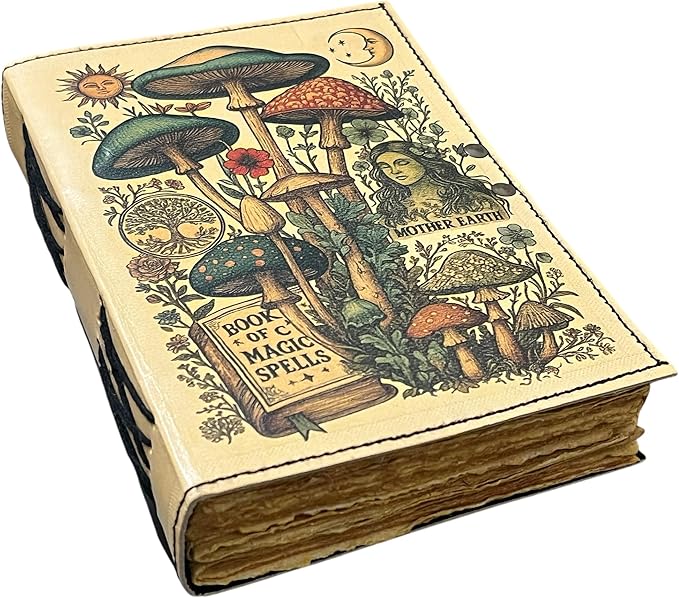 Blank Spell Book of Shadows Magic Spells Leather Journal – Vintage Botanical Mushrooms & Celestial Sun Moon Print Diary