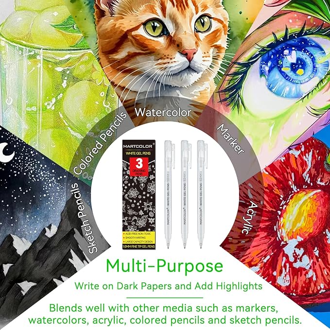 White Gel Pens, 1.0mm Fine Point Opaque Archival Ink Pen for Black Paper Drawing, Art Highlight, Illustration, Bullet Journaling, Card Making & DIY Projects, 3 Pack