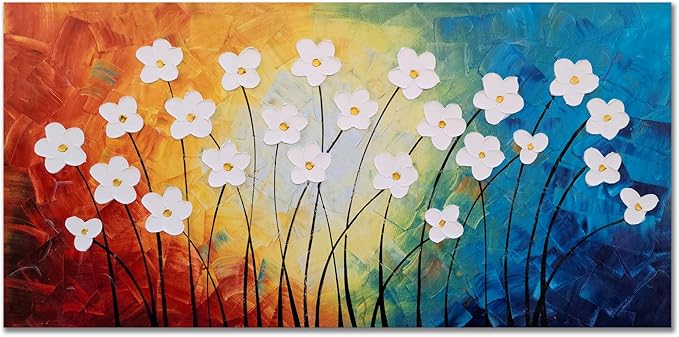 Yihui Arts Hand Painted Textured Flower Oil Painting on Canvas - Colorful Abstract White Floral Artwork for Home Decor, Modern Wall Art for Living Room, Bedroom, Office