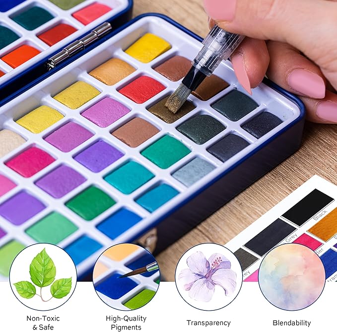 100 Colors Watercolor Paint Set with Metallic, Macaron & Fluorescent Colors-Professional Grade Watercolor Paints for Artists, Beginners & Illustrators, Ideal for Blending, Layering & Creative Artwork